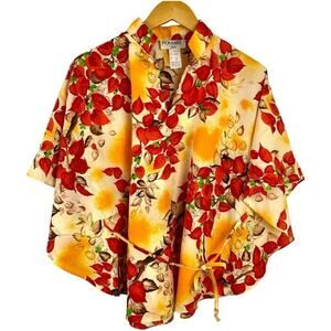 Vintage 1960s Pomare Hawaii Floral Kimono Style Batwing Sleeve Cape Top Blouse